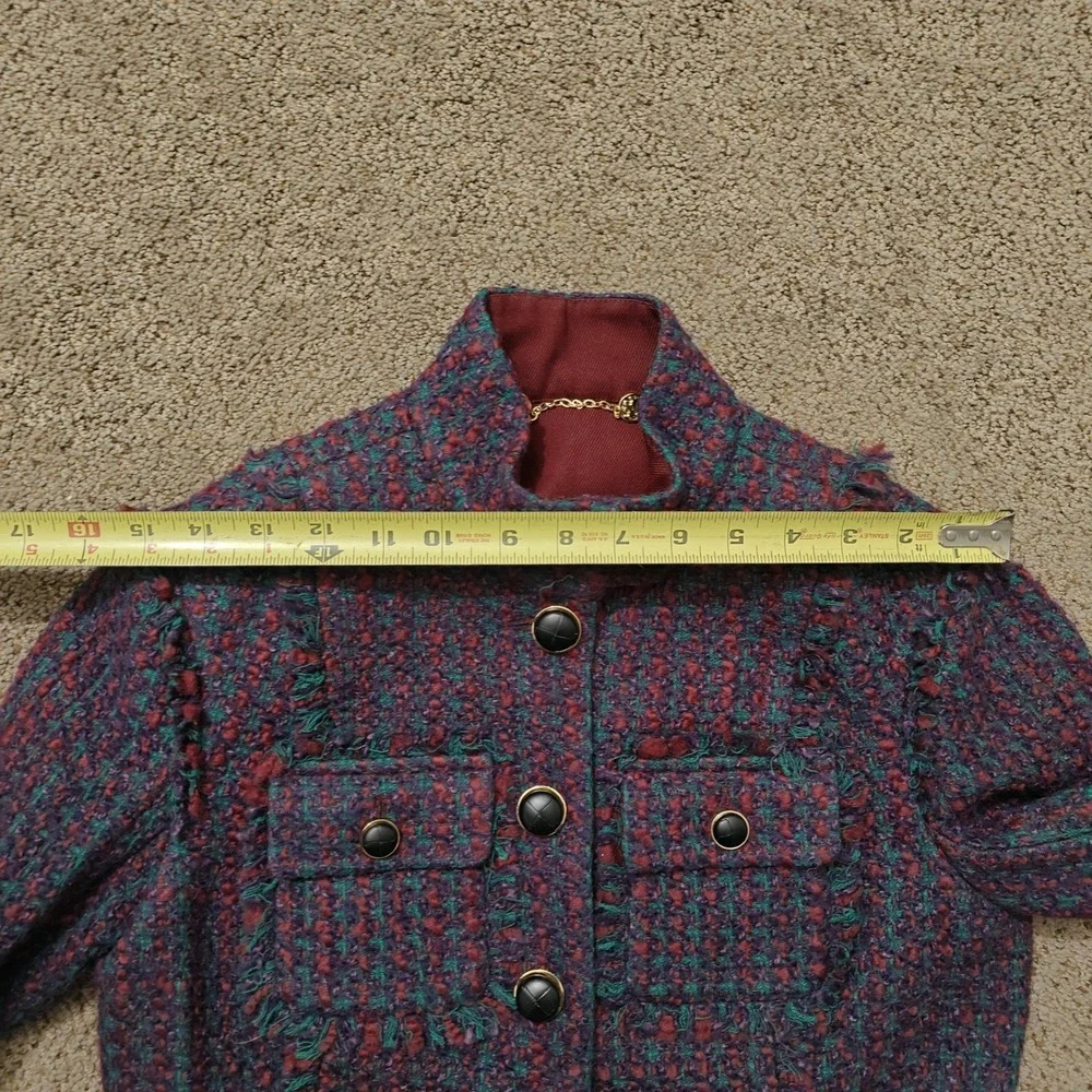Tory Burch Burgundy Teal Tweed Frayed Trim Military Jacket Size‎ 4 Logo Buttons